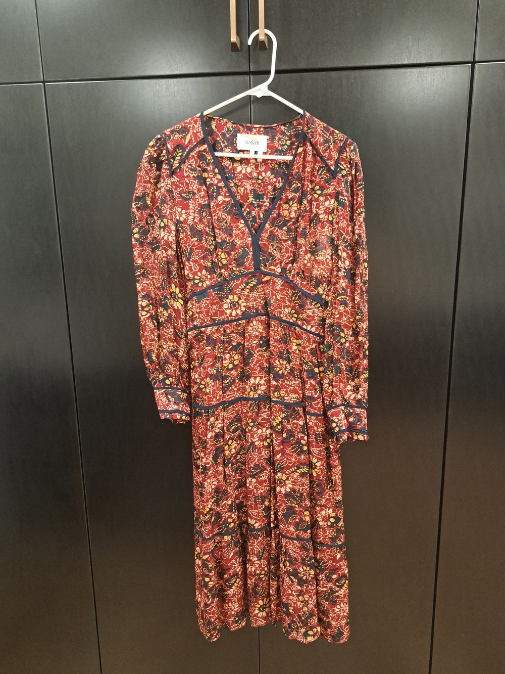 ba&sh Burgundy Floral Midi Dress with Navy Trim